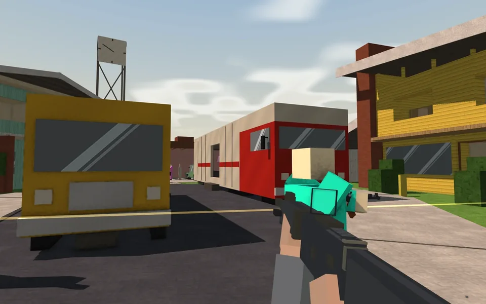 A bot crossing Nuketown's street in front of the yellow van and the trailer
