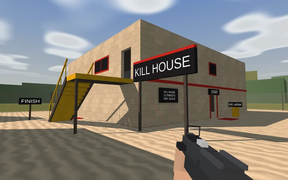 Outside the firing range's kill house with a MAC-10 at the hip