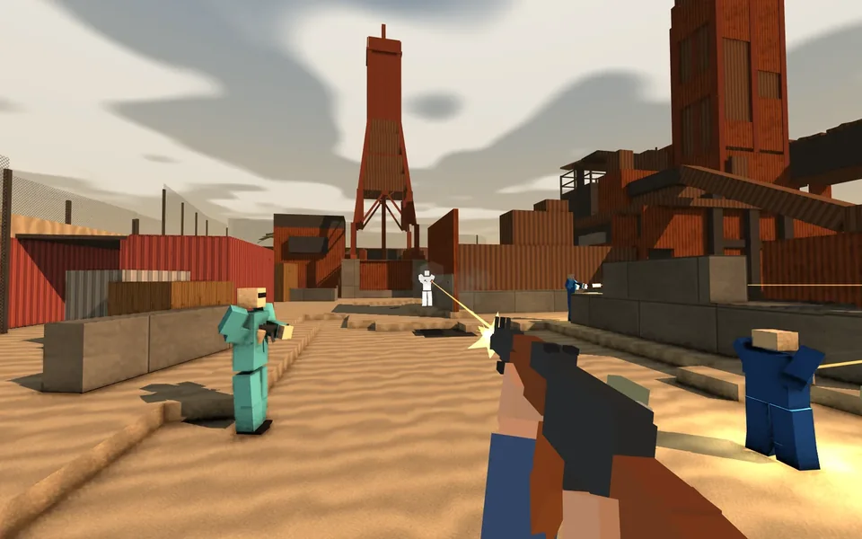 Two bots trading fire on the sand below Rust's tower