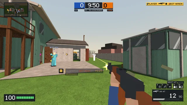 Kill Confirmed on Nuketown with the full HUD: a headshot for +125 on a bot in the street between the houses, the minimap, score bar and AK-47 ammo on screen