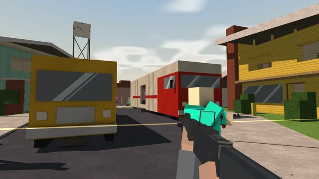 A cyan bot crosses Nuketown's street in front of the yellow van and the trailer, a yellow laser beam cutting across the road. No HUD