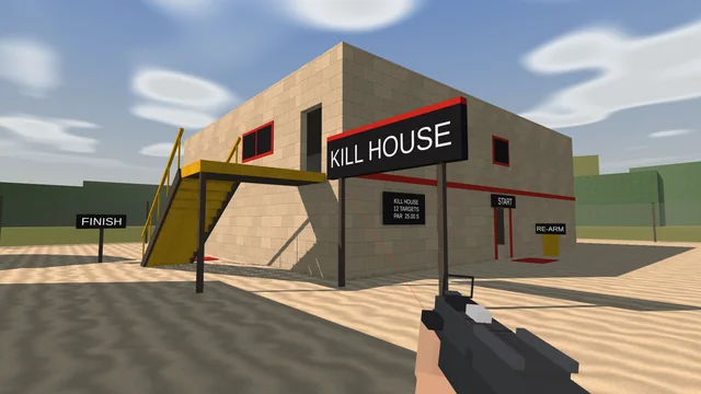 A MAC-10 at the hip outside the kill house, its red laser running across the frame to the wall, the board reading 12 targets, par 25 seconds