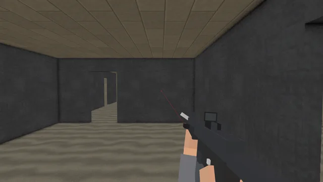 Inside the kill house, an MP5's red laser beam and dot on the dark wall