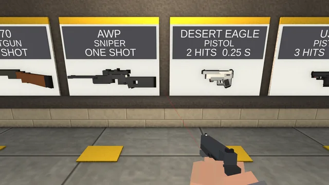 Close on the weapon wall's AWP and Desert Eagle cards, a pistol at the hip with its laser dot below them