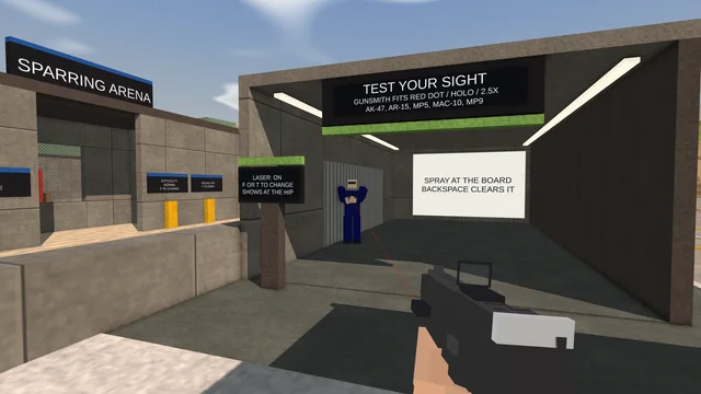 The optics lane's Test your sight sign, an MP9 at the hip