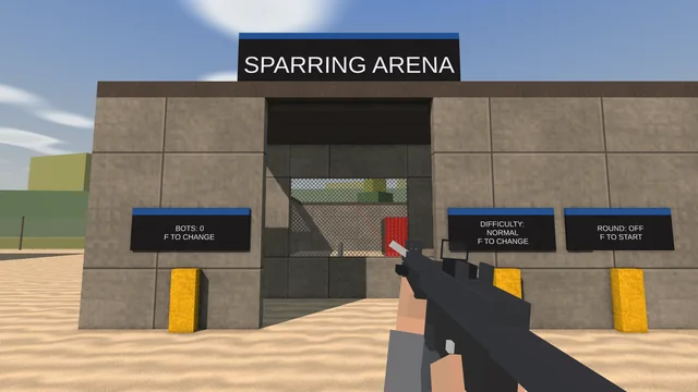 The sparring arena's door with its bots, difficulty and round consoles, an MP5 at the hip