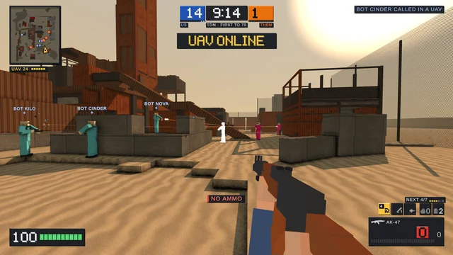 Rust in Team Deathmatch with the full HUD: UAV ONLINE across the top, the minimap and score bar, bot name tags over the green team, ammo and killstreak tiles at the bottom right