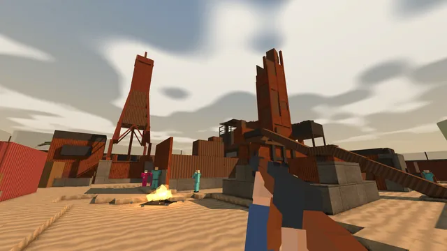 A grenade bursts on the sand at the foot of Rust's tower as bots take cover. No HUD