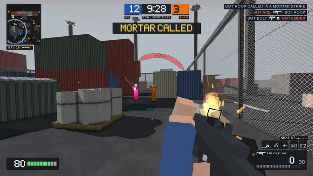 Shipment with the full HUD: MORTAR CALLED across the top as a shot hits the container wall, bots at the far end of the lane