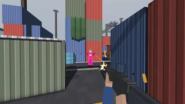 A pink bot fires down a Shipment container lane as the player shoots back. No HUD